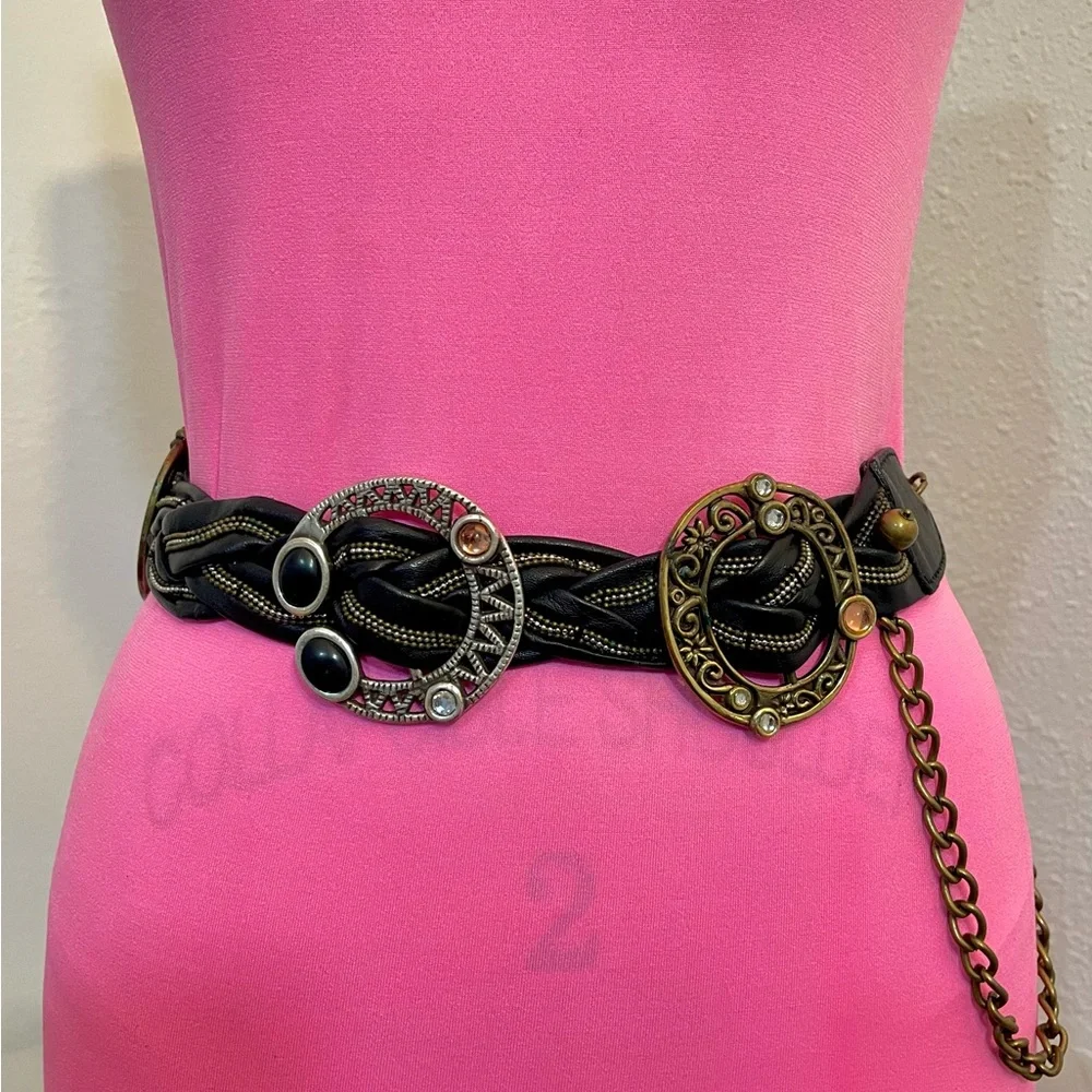 NWT Genuine leather Braided picadilly slouch black belt Brass silver s/m vintage